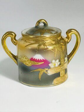 Vintage Shofu Miniature Mt Fuji Gold Bamboo Sugar Bowl & Lid Japan Porcelain